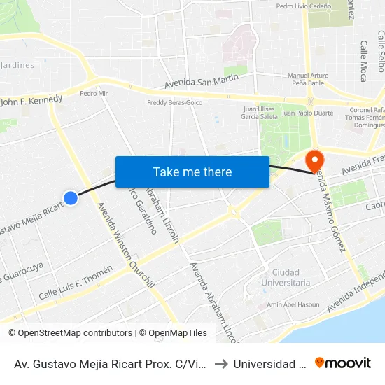 Av. Gustavo Mejía Ricart Prox. C/Virgilio Diaz to Universidad Apec map