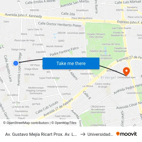 Av. Gustavo Mejía Ricart Prox. Av. Lope De Vega to Universidad Apec map