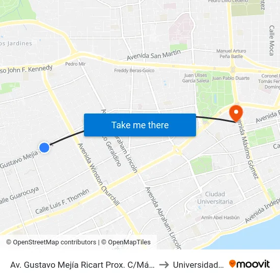 Av. Gustavo Mejía Ricart Prox. C/Máximo Blonda to Universidad Apec map