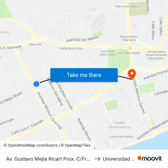 Av. Gustavo Mejia Ricart Prox. C/Freddy Presto to Universidad Apec map