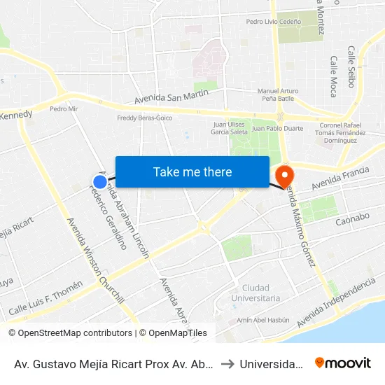 Av. Gustavo Mejía Ricart Prox Av. Abraham Lincoln to Universidad Apec map