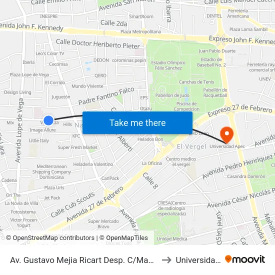 Av. Gustavo Mejia Ricart Desp. C/Manuel De Jesús Goico to Universidad Apec map