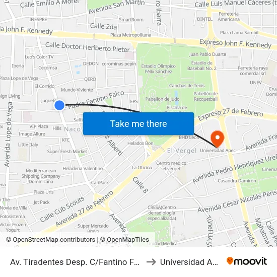 Av. Tiradentes Desp. C/Fantino Falco to Universidad Apec map