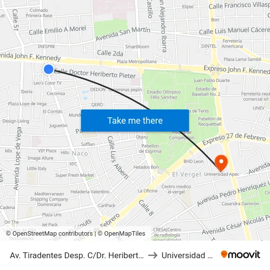 Av. Tiradentes Desp. C/Dr. Heriberto Pieter to Universidad Apec map