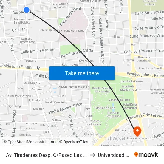 Av. Tiradentes Desp. C/Paseo Las Palmas to Universidad Apec map