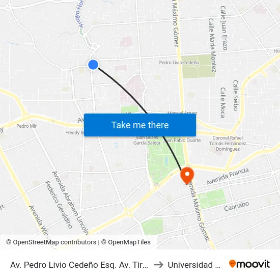 Av. Pedro Livio Cedeño Esq. Av. Tiradentes to Universidad Apec map