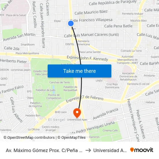 Av. Máximo Gómez Prox. C/Peña Batlle to Universidad Apec map