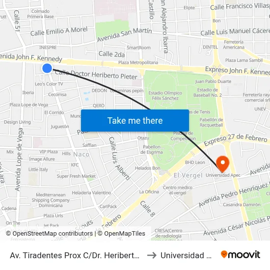 Av. Tiradentes Prox C/Dr. Heriberto Pieter to Universidad Apec map