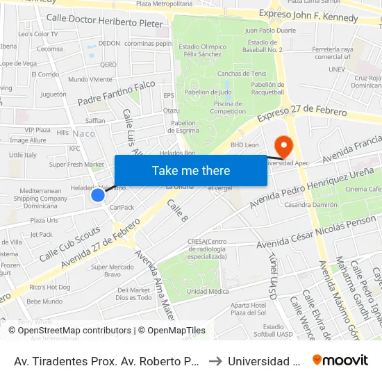 Av. Tiradentes Prox. Av. Roberto Pastoriza to Universidad Apec map