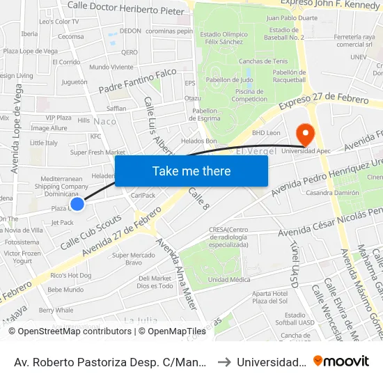 Av. Roberto Pastoriza Desp. C/Manuel Henriquez to Universidad Apec map