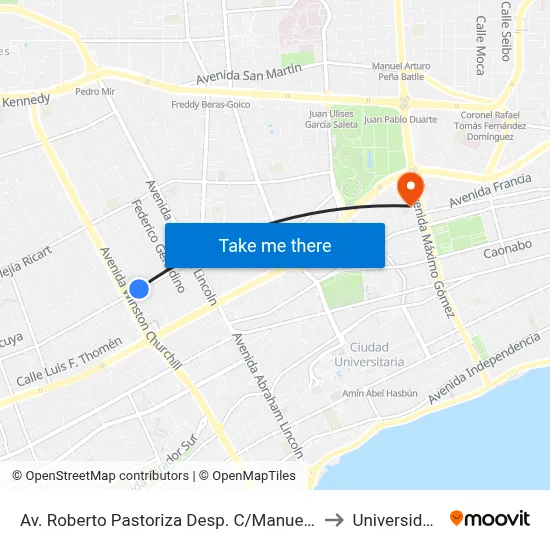 Av. Roberto Pastoriza Desp. C/Manuel De Jesús Troncoso to Universidad Apec map