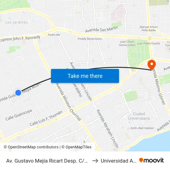 Av. Gustavo Mejía Ricart Desp. C/Mencia to Universidad Apec map