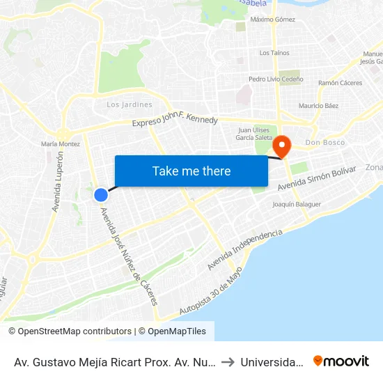 Av. Gustavo Mejía Ricart Prox. Av. Nunez De Caceres to Universidad Apec map