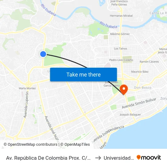 Av. República De Colombia Prox. C/Juan Marichal to Universidad Apec map