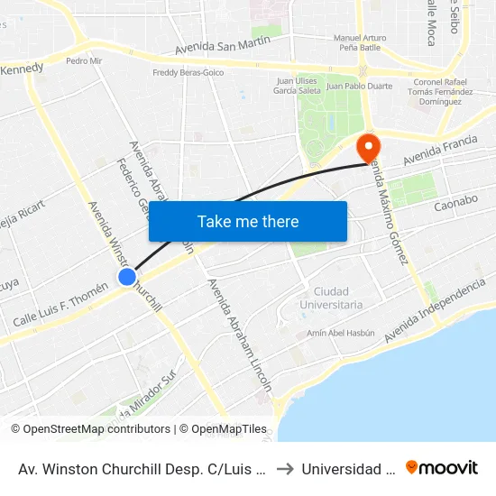 Av. Winston Churchill Desp. C/Luis F. Thomen to Universidad Apec map