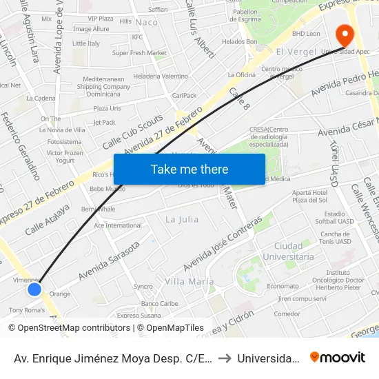 Av. Enrique Jiménez Moya Desp. C/Eduardo Vicioso to Universidad Apec map