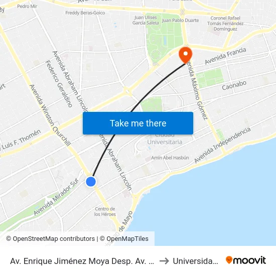 Av. Enrique Jiménez Moya Desp. Av. José Contreras to Universidad Apec map