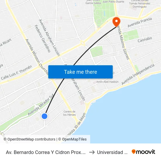 Av. Bernardo Correa Y Cidron Prox. Av. Italia to Universidad Apec map