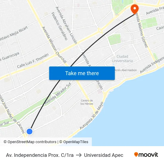 Av. Independencia Prox. C/1ra to Universidad Apec map