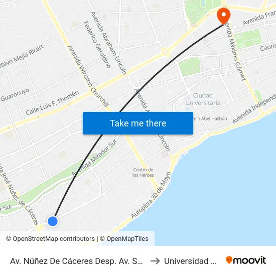 Av. Núñez De Cáceres Desp. Av. Sarasota to Universidad Apec map
