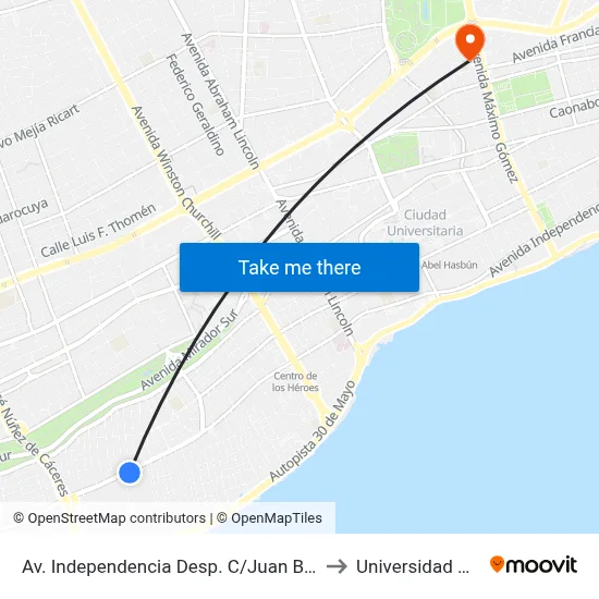 Av. Independencia Desp. C/Juan Bautista to Universidad Apec map