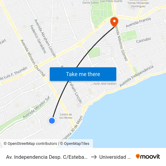Av. Independencia Desp. C/Esteban Suazo to Universidad Apec map