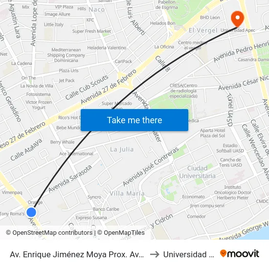 Av. Enrique Jiménez Moya Prox. Av. Sarasota to Universidad Apec map