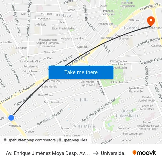 Av. Enrique Jiménez Moya Desp. Av. Simon Bolivar to Universidad Apec map