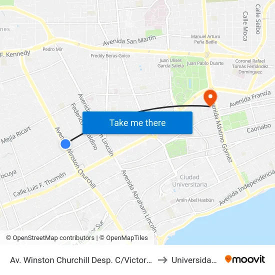 Av. Winston Churchill Desp. C/Victor Garrido Puello to Universidad Apec map