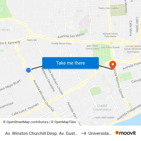 Av. Winston Churchill Desp. Av. Gustavo Mejia Ricart to Universidad Apec map