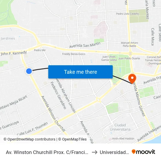 Av. Winston Churchill Prox. C/Francisco Lavander to Universidad Apec map