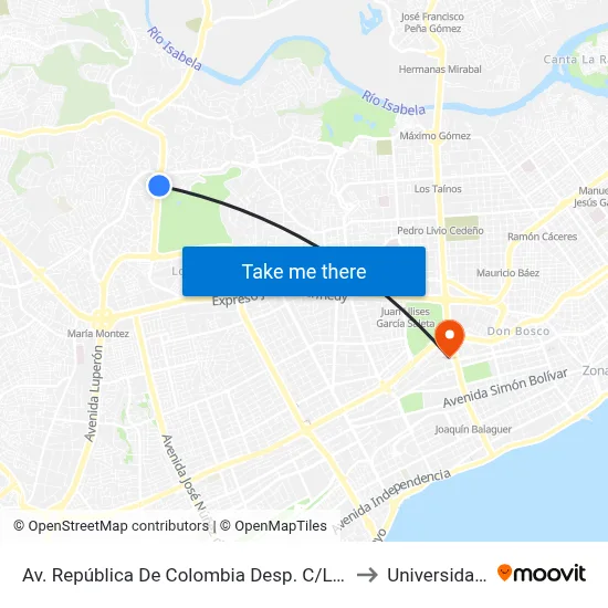 Av. República De Colombia Desp. C/Los Conquistadores to Universidad Apec map