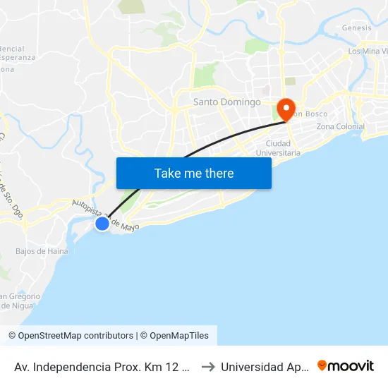 Av. Independencia Prox. Km 12 1/2 to Universidad Apec map