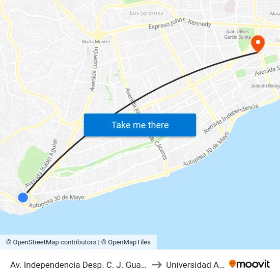 Av. Independencia Desp. C. J. Guadalupe to Universidad Apec map