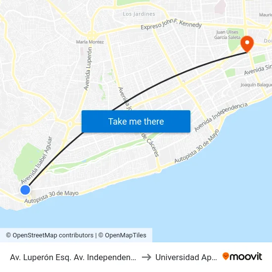 Av. Luperón Esq. Av. Independencia to Universidad Apec map