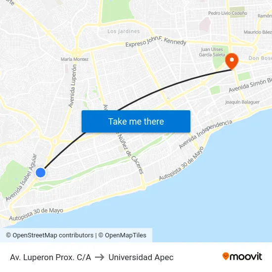 Av. Luperon Prox. C/A to Universidad Apec map