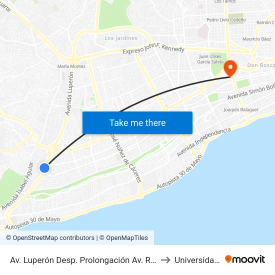 Av. Luperón Desp. Prolongación Av. Rómulo Betancourt to Universidad Apec map