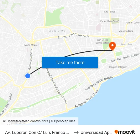 Av. Luperón Con C/ Luis Franco Bido to Universidad Apec map