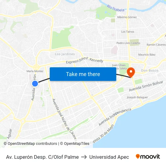 Av. Luperón Desp. C/Olof Palme to Universidad Apec map