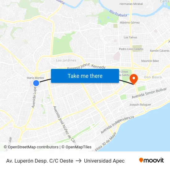 Av. Luperón Desp. C/C Oeste to Universidad Apec map