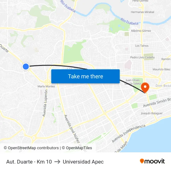 Aut. Duarte - Km 10 to Universidad Apec map