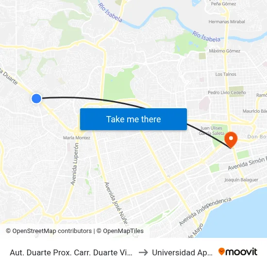 Aut. Duarte Prox. Carr. Duarte Vieja to Universidad Apec map
