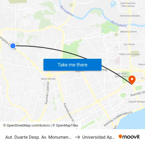 Aut. Duarte Desp. Av. Monumental to Universidad Apec map