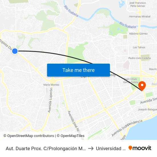 Aut. Duarte Prox. C/Prolongación Monumental to Universidad Apec map