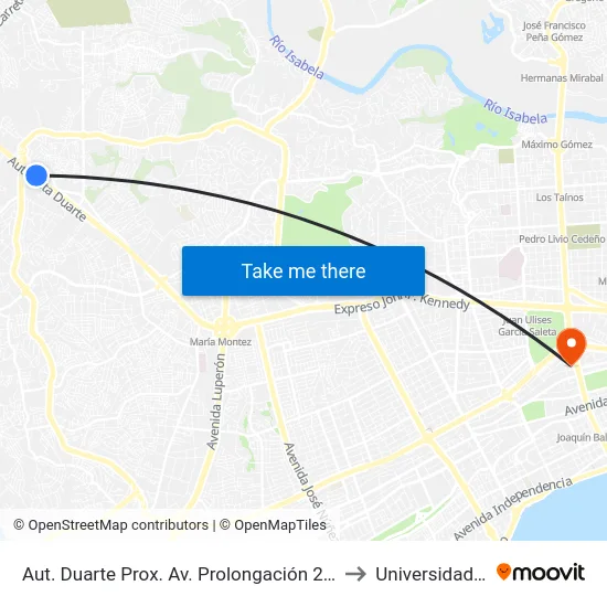 Aut. Duarte Prox. Av. Prolongación 27 De Febrero to Universidad Apec map