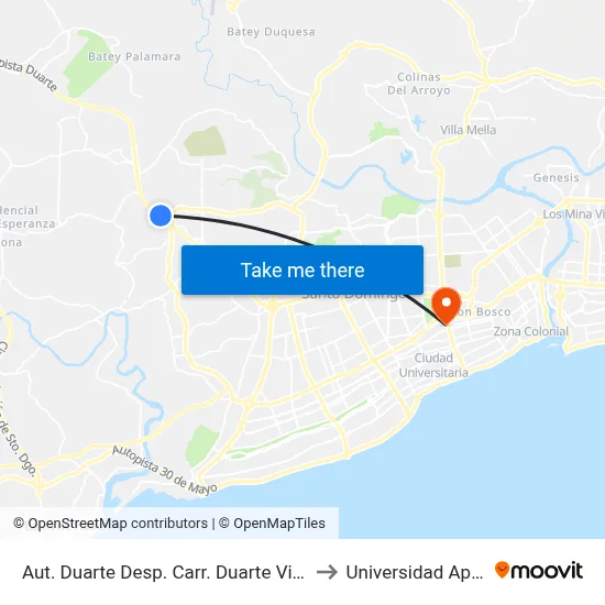 Aut. Duarte Desp. Carr. Duarte Vieja to Universidad Apec map