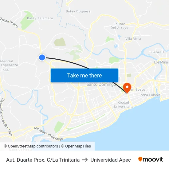 Aut. Duarte Prox. C/La Trinitaria to Universidad Apec map