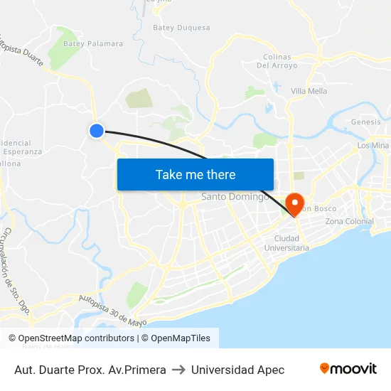Aut. Duarte Prox. Av.Primera to Universidad Apec map