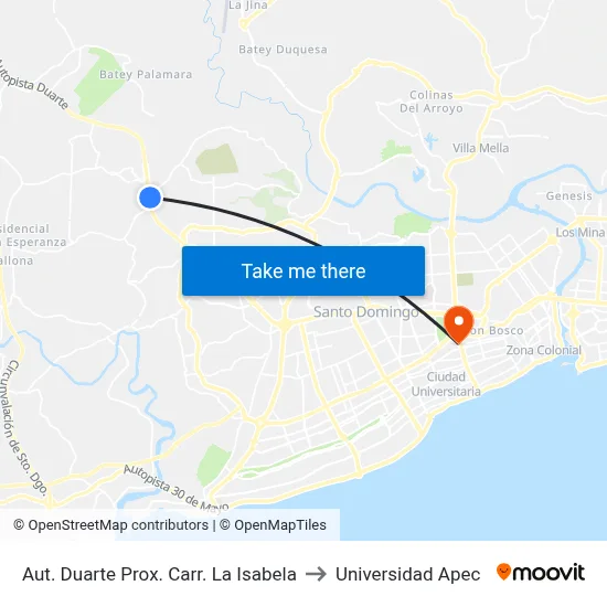 Aut. Duarte Prox. Carr. La Isabela to Universidad Apec map