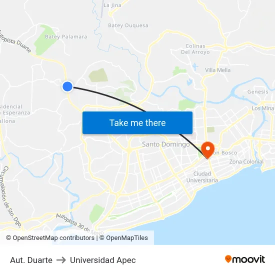 Aut. Duarte to Universidad Apec map